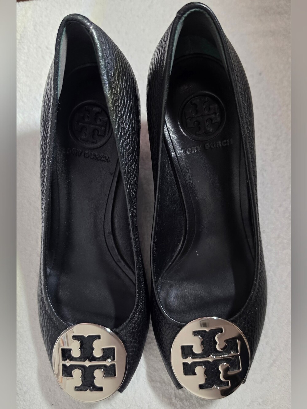 Tory Burch Black Leather Logo Toe  with Silver Emblems